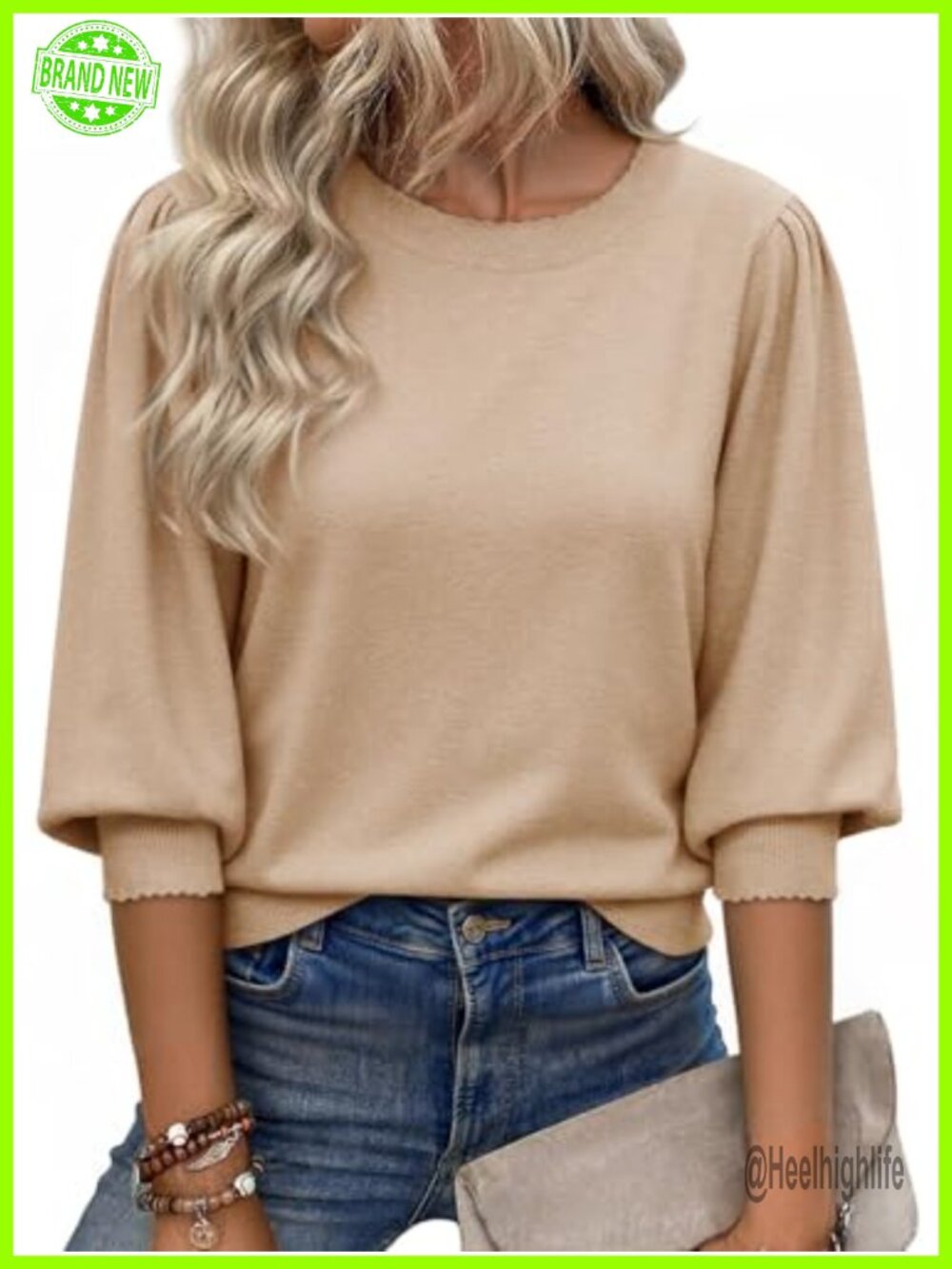 Womens 3/4 Puff Sleeve Sweater Scallop Trim Casual Knit Pullover Top